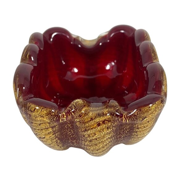 Vintage Deep Red Gold Flecks Inlay Art Glass Mid Century Bowl Trinket Dish - Picture 2 of 13